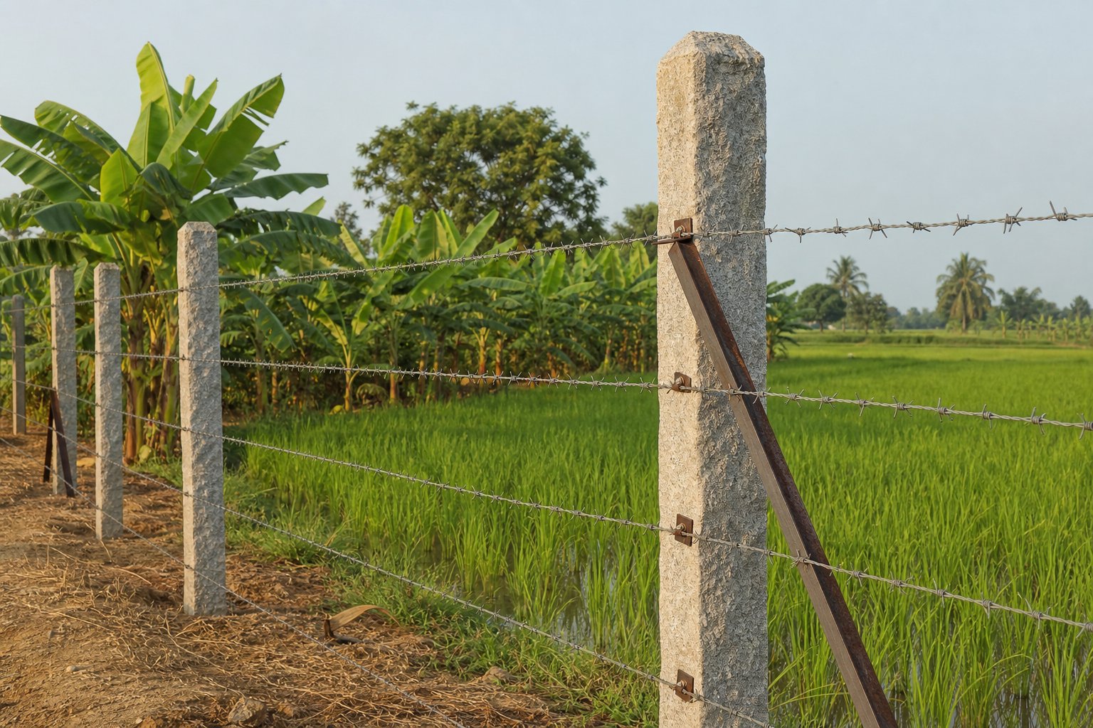 Four lines of galvanised barbed wire on concrete posts along a paddy field boundary