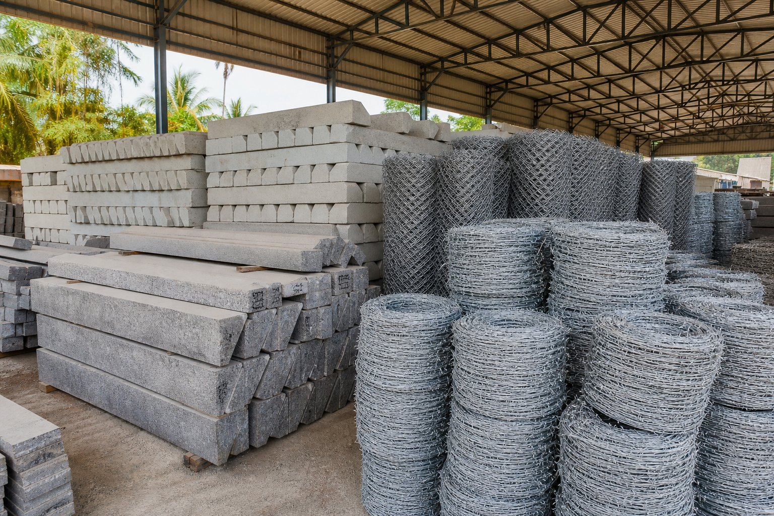 AK Fencing material yard with stacked granite fencing stones, concrete panels and coils of chain link and barbed wire