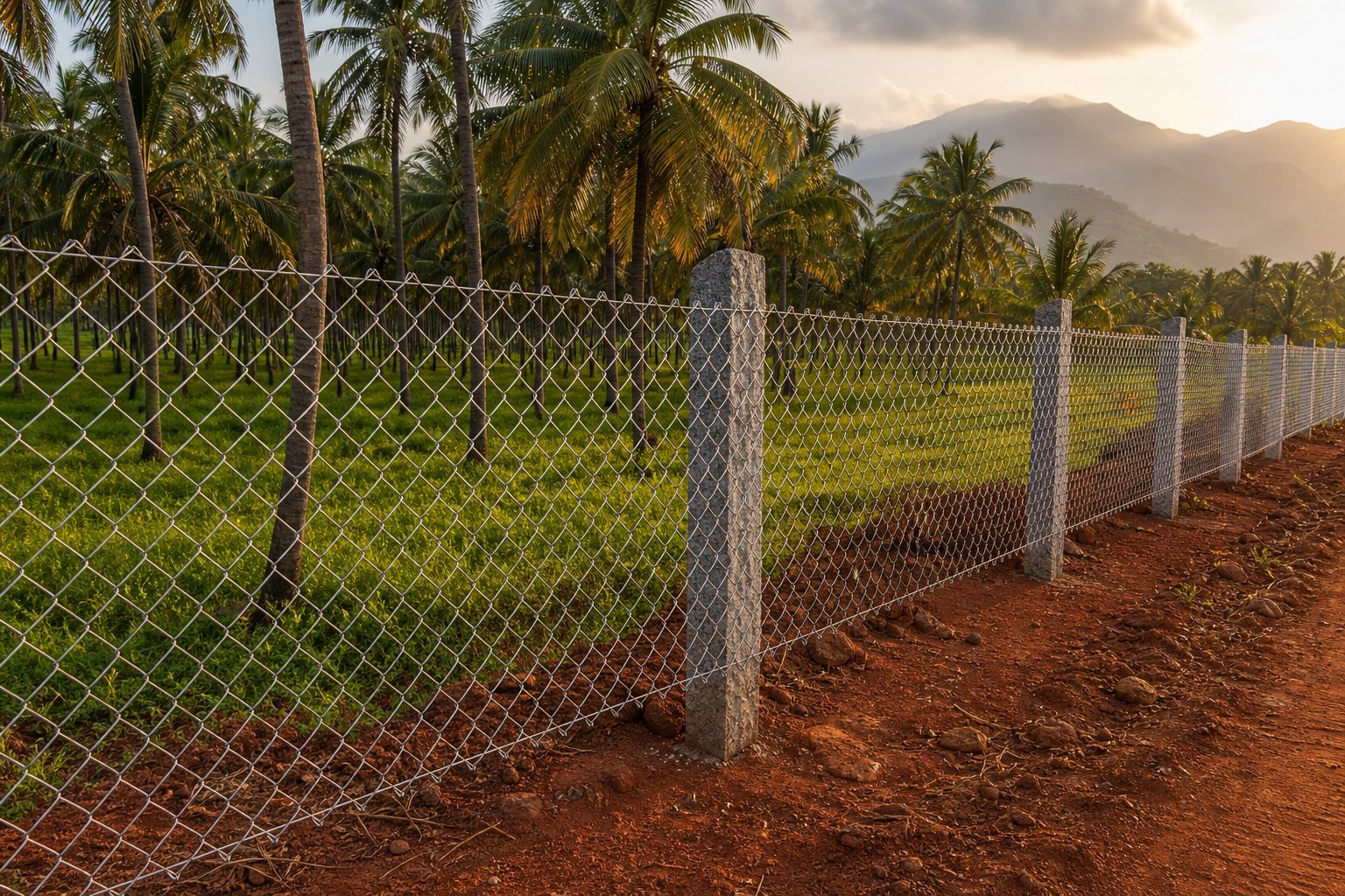Newly installed chain link fence with granite stone posts along a coconut grove boundary in Pollachi