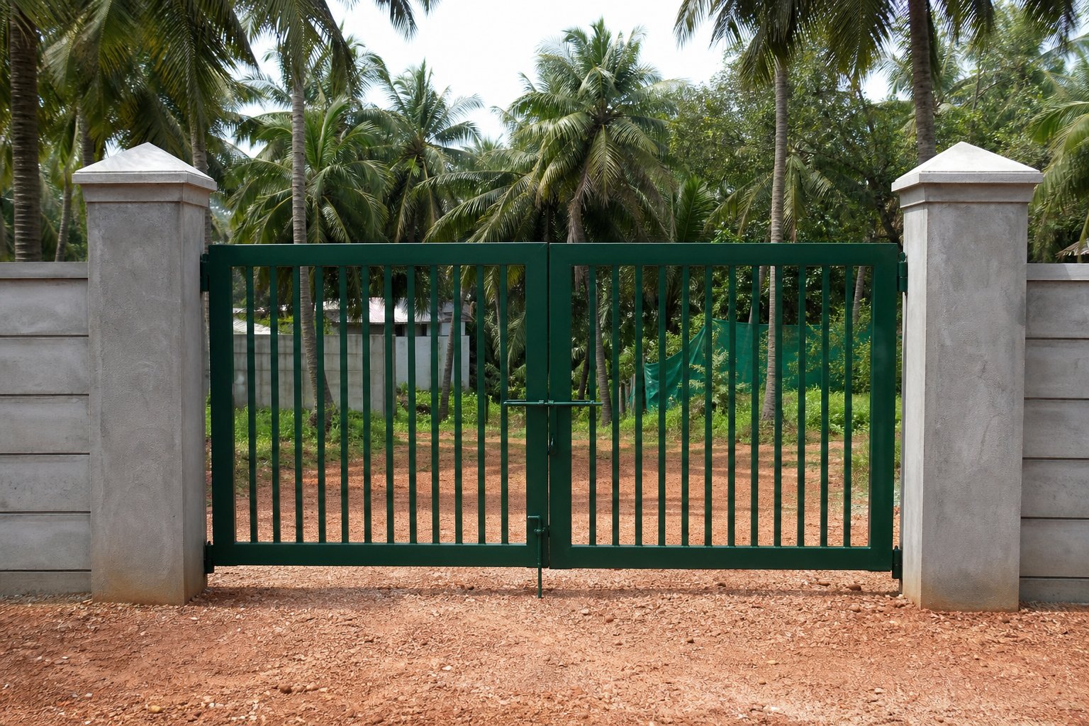 Dark green painted double-leaf steel farm gate between concrete gate pillars